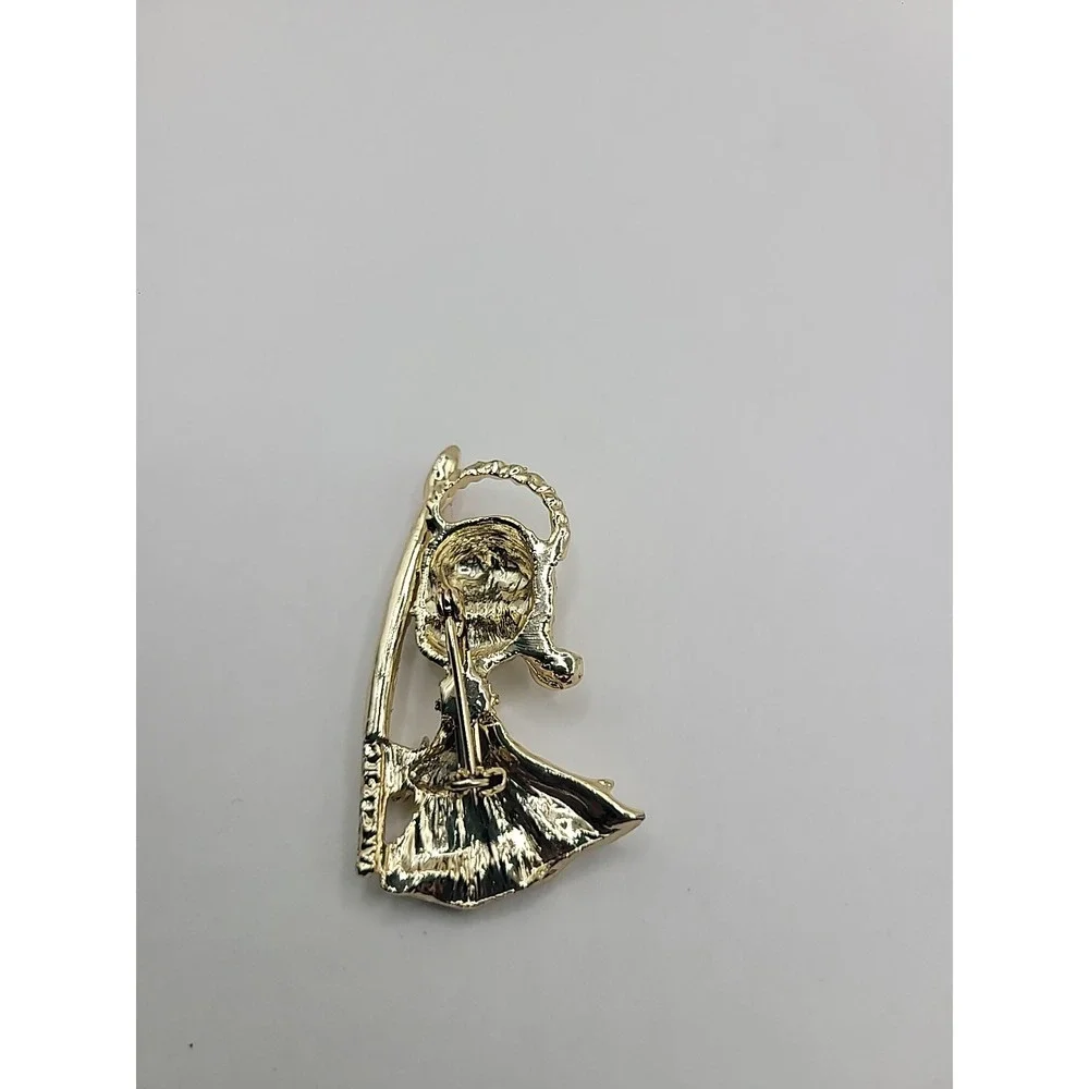 Vintage‎ Christmas Girl Holding Candle Brooch Gold Tone Red Green Rhinestone Pin